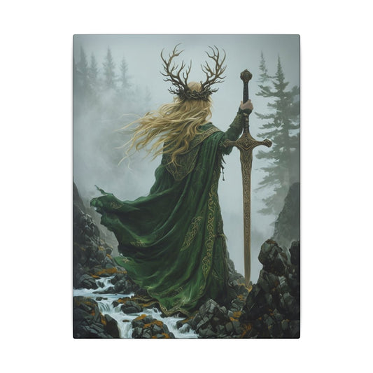 Fantasy character in a green robe with a sword, standing on a rocky landscape with trees.