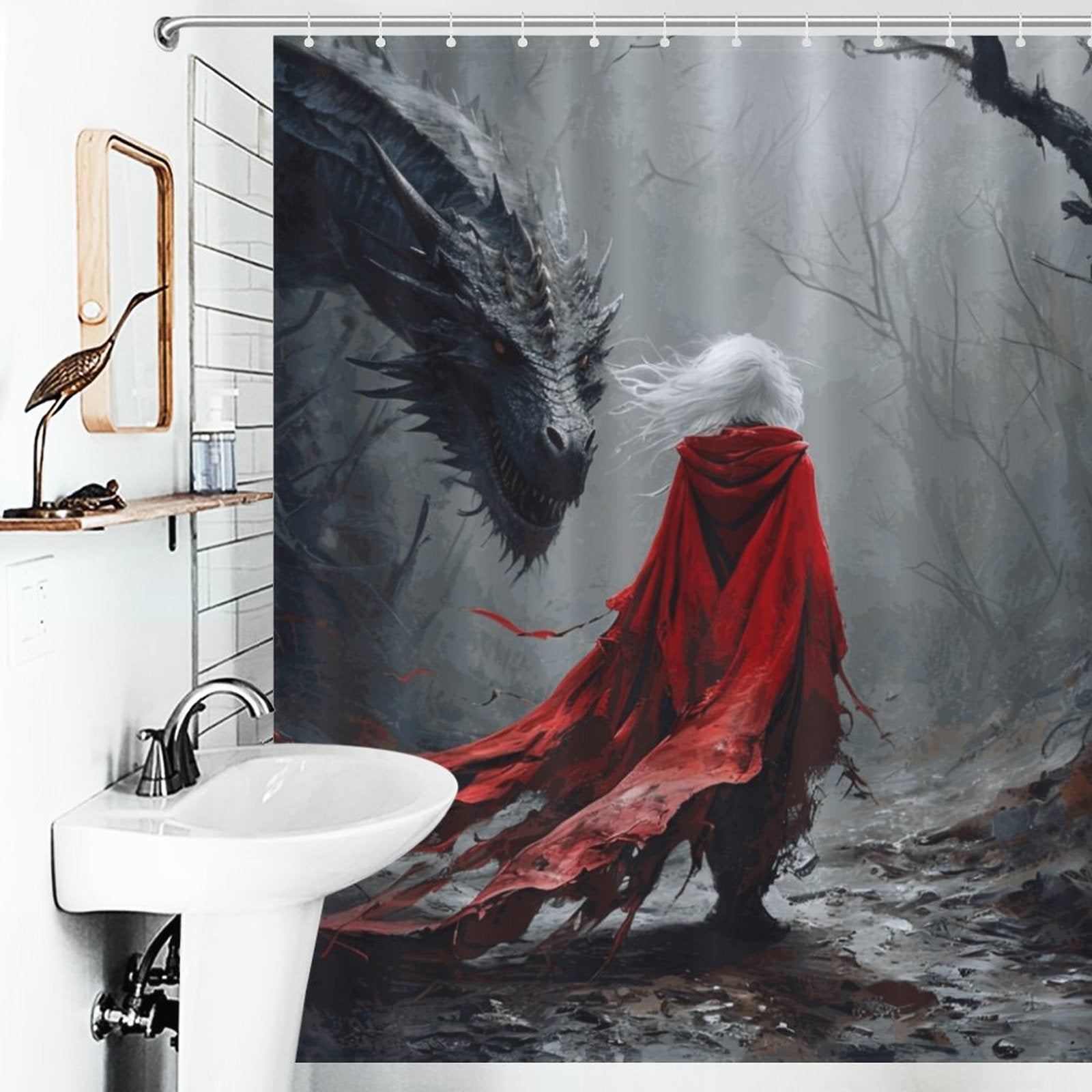 Mystical Dragon and Aelin Shower Curtain-Fantasy Elden Ring Shower Curtain