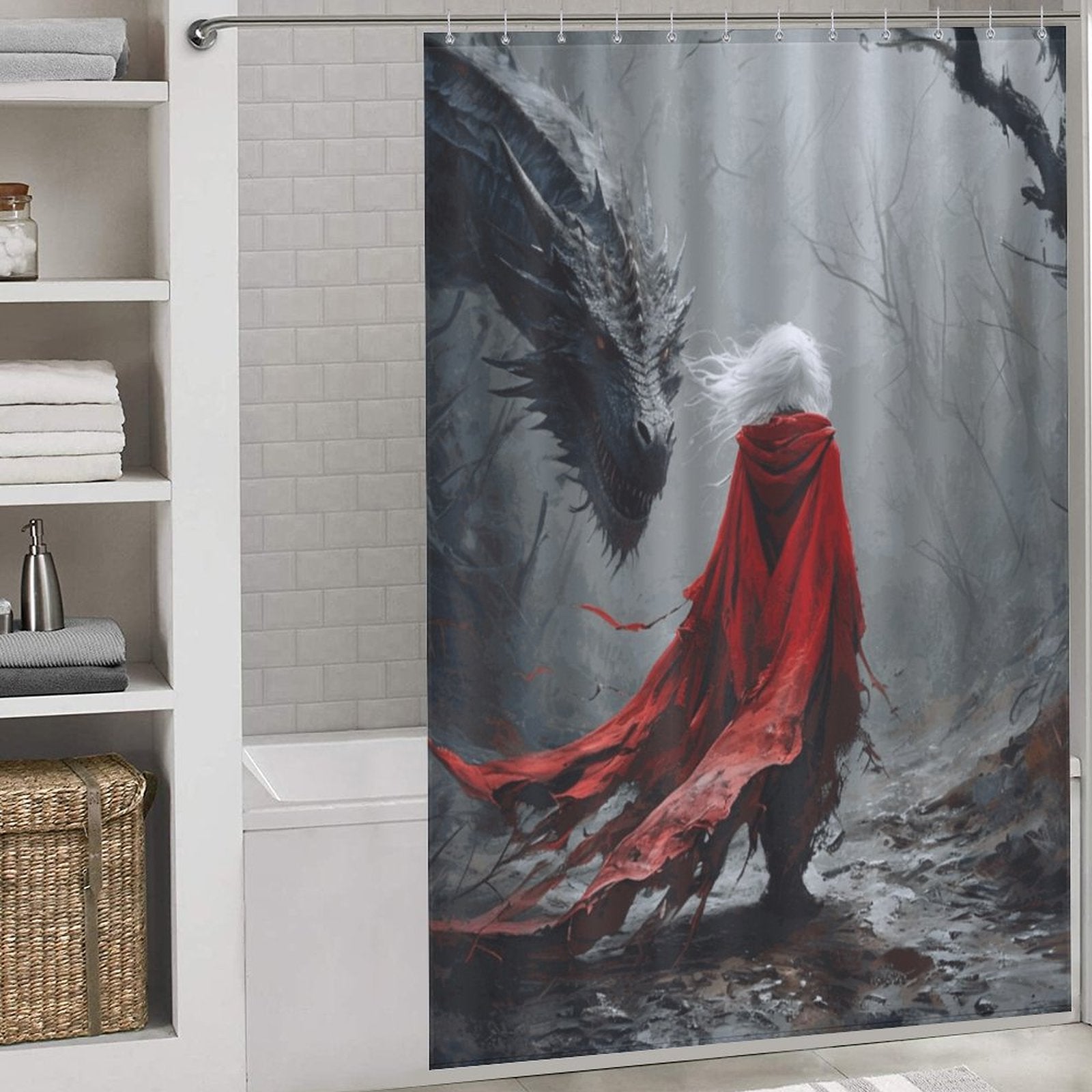 Mystical Dragon and Aelin Shower Curtain-Fantasy Elden Ring Shower Curtain