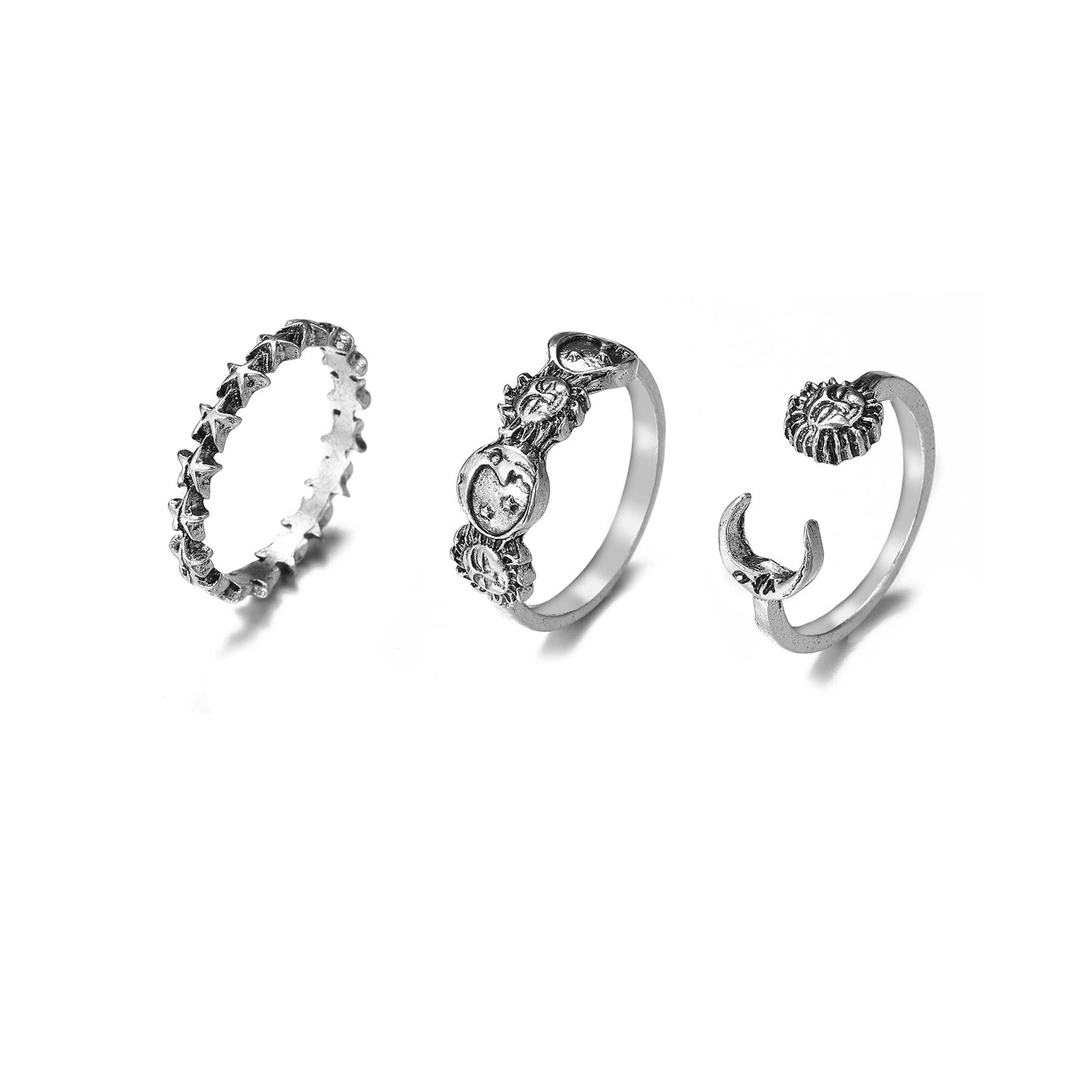 Star Moon 3-Piece Ring Set, Celestial Silver 3 Piece Distressed Ring set