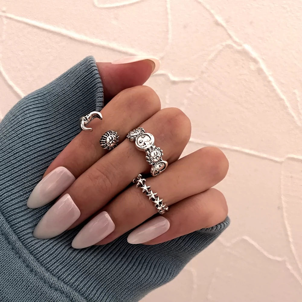 Star Moon 3-Piece Ring Set, Celestial Silver 3 Piece Distressed Ring set