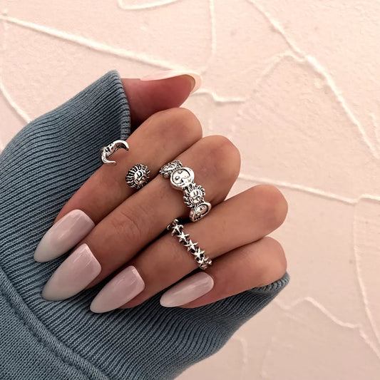 Star Moon 3-Piece Ring Set, Celestial Silver 3 Piece Distressed Ring set