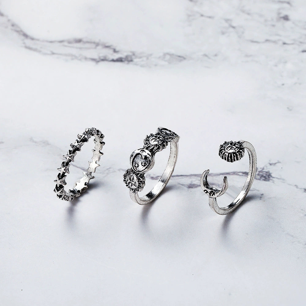 Star Moon 3-Piece Ring Set, Celestial Silver 3 Piece Distressed Ring set