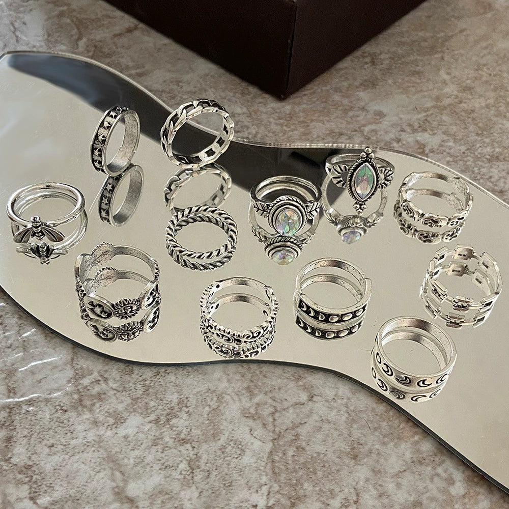 Bohemian Style Retro Silver Ring Set, Boho Jewelry, Fashion Silver Rings