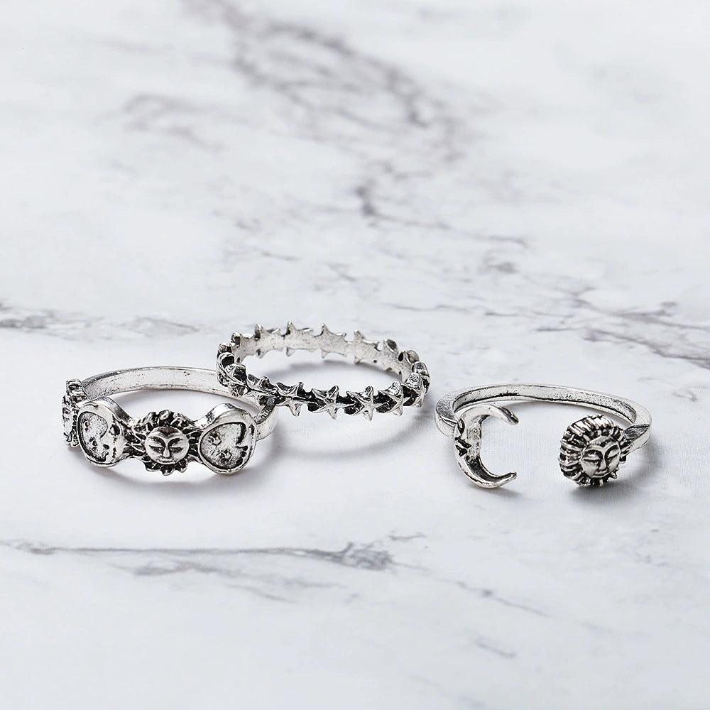 Star Moon 3-Piece Ring Set, Celestial Silver 3 Piece Distressed Ring set