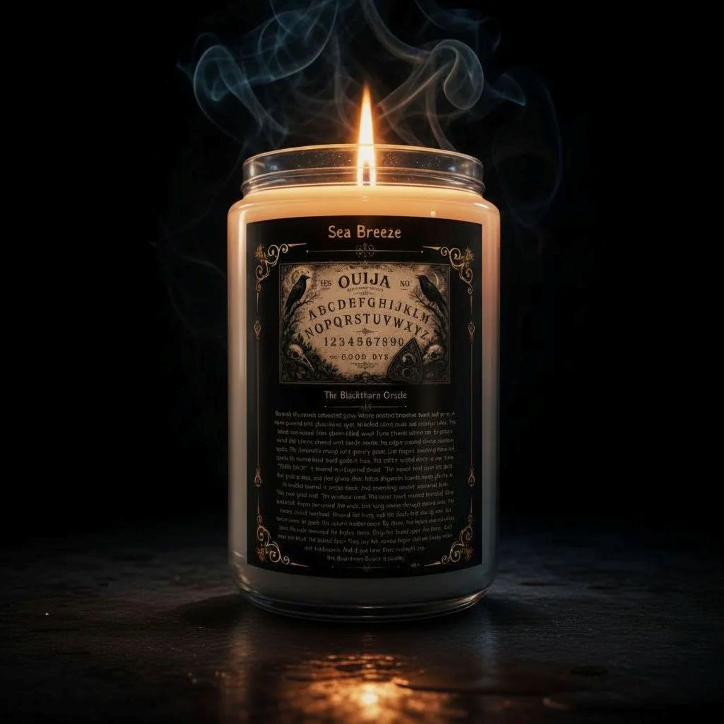 Candle in a jar with a black label on a dark background