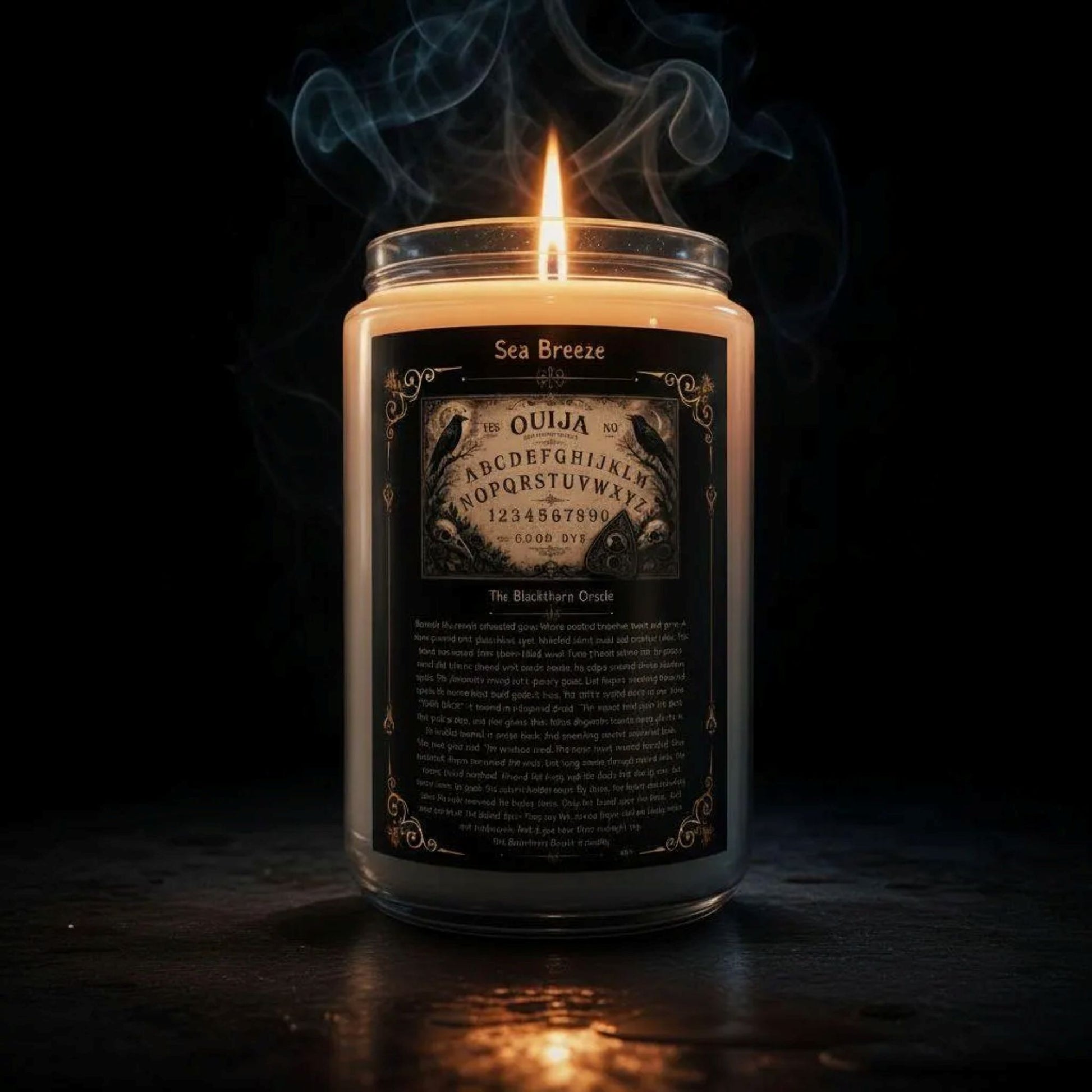 Candle in a jar with a black label on a dark background