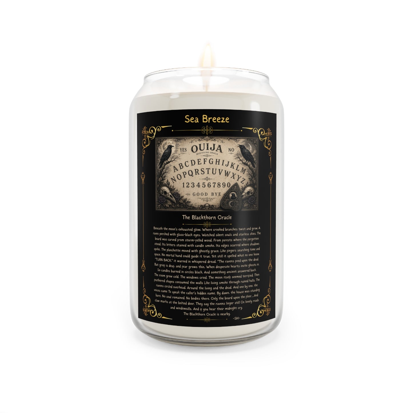 Candle with a black label featuring an Ouija board design on a white background