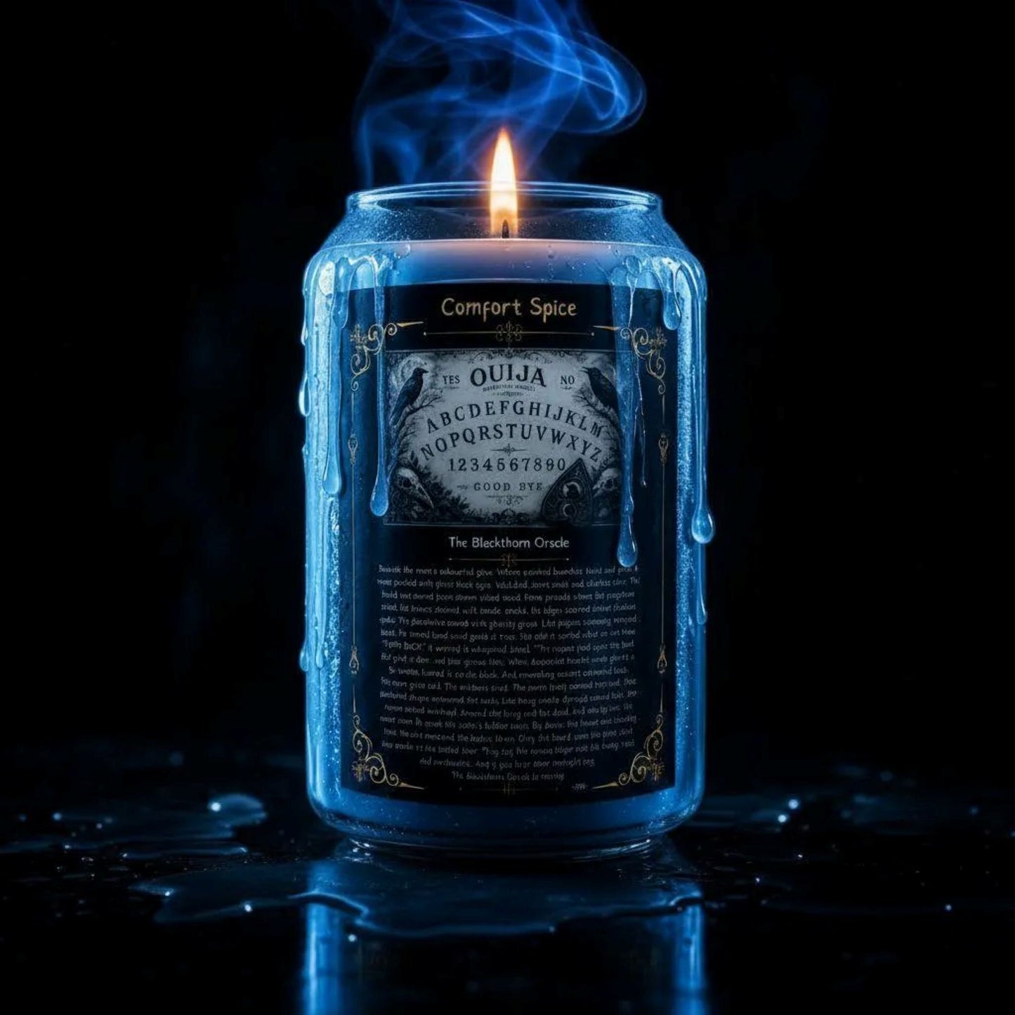 Candle in a Ouija board-themed container with blue flames against a black background