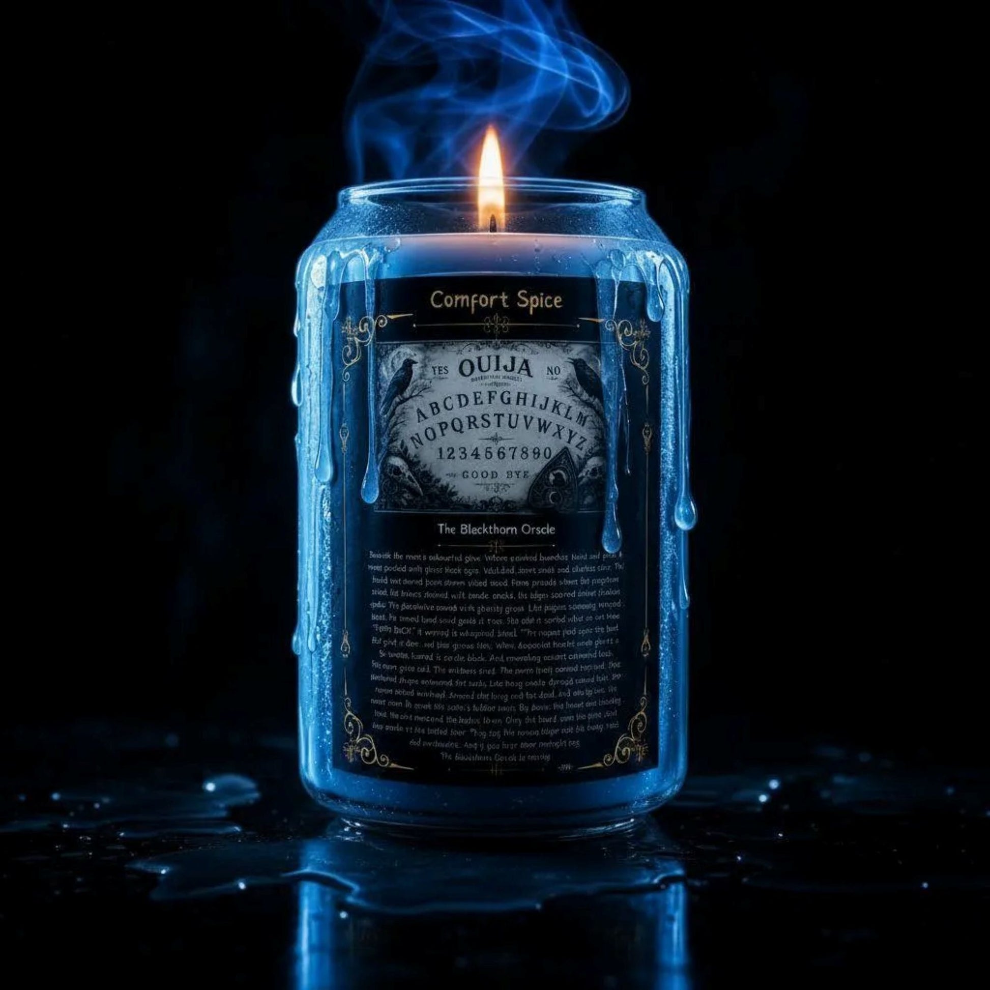 Candle in a Ouija board-themed container with blue flames against a black background