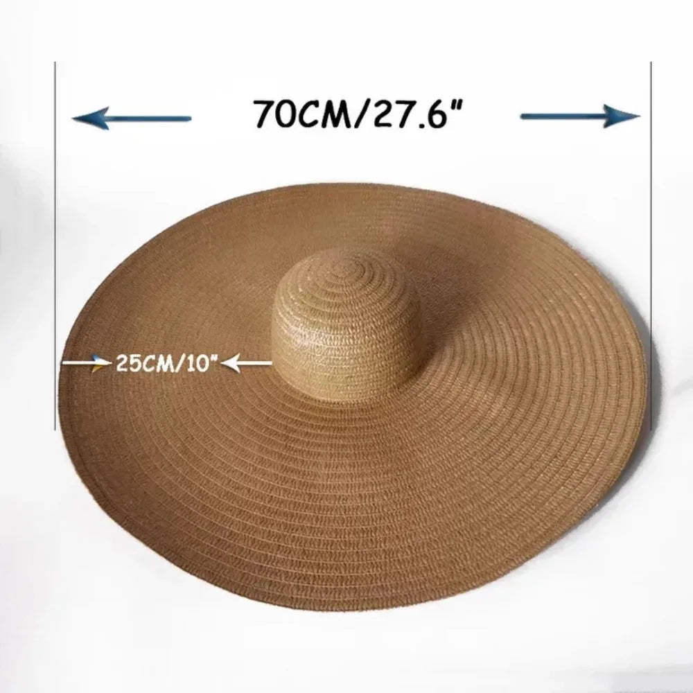 Brown straw hat with measurements on a white background