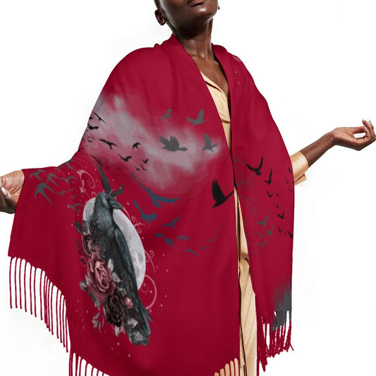Red scarf with artistic design of a horse and birds on a white background
