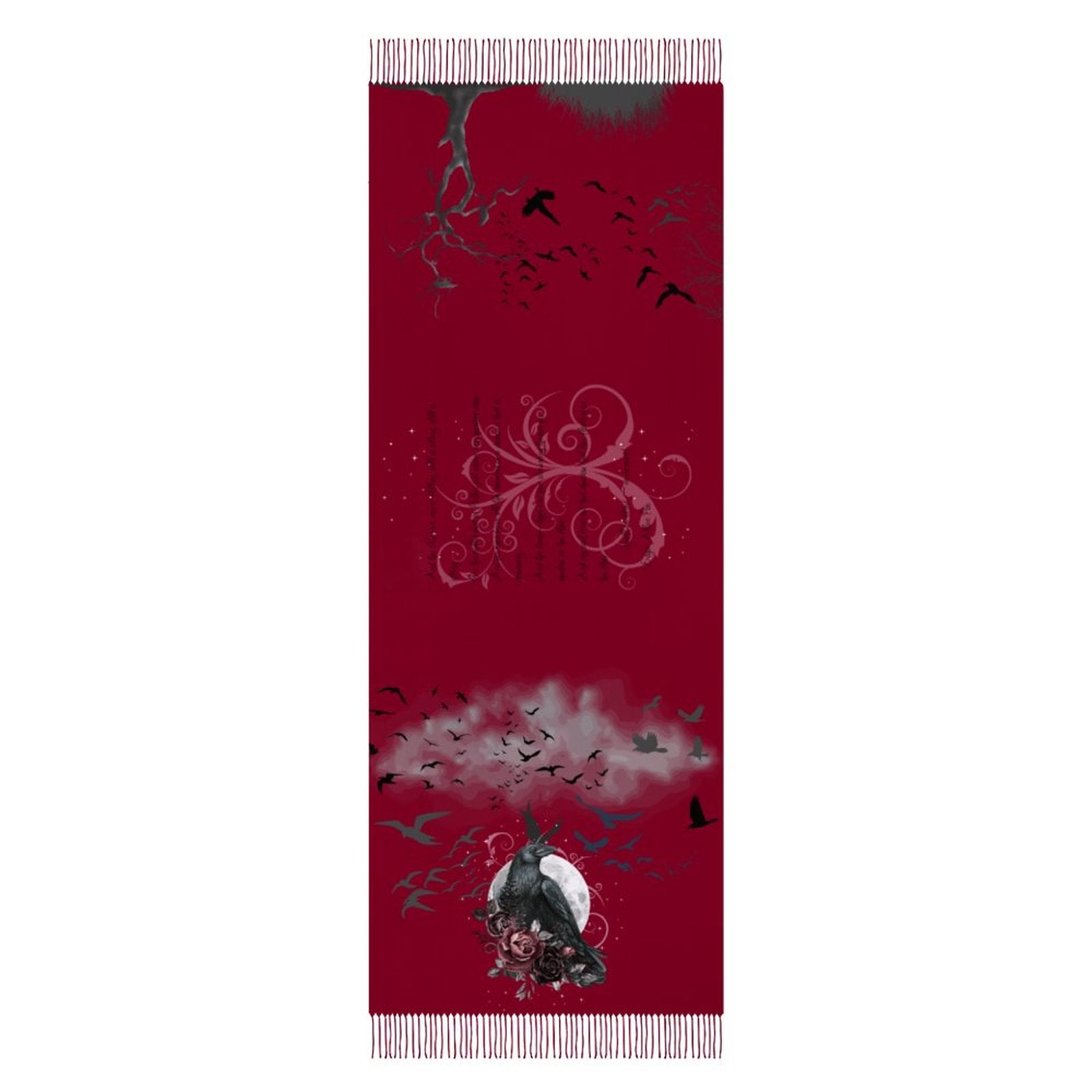 Red scarf with black and white designs on a white background