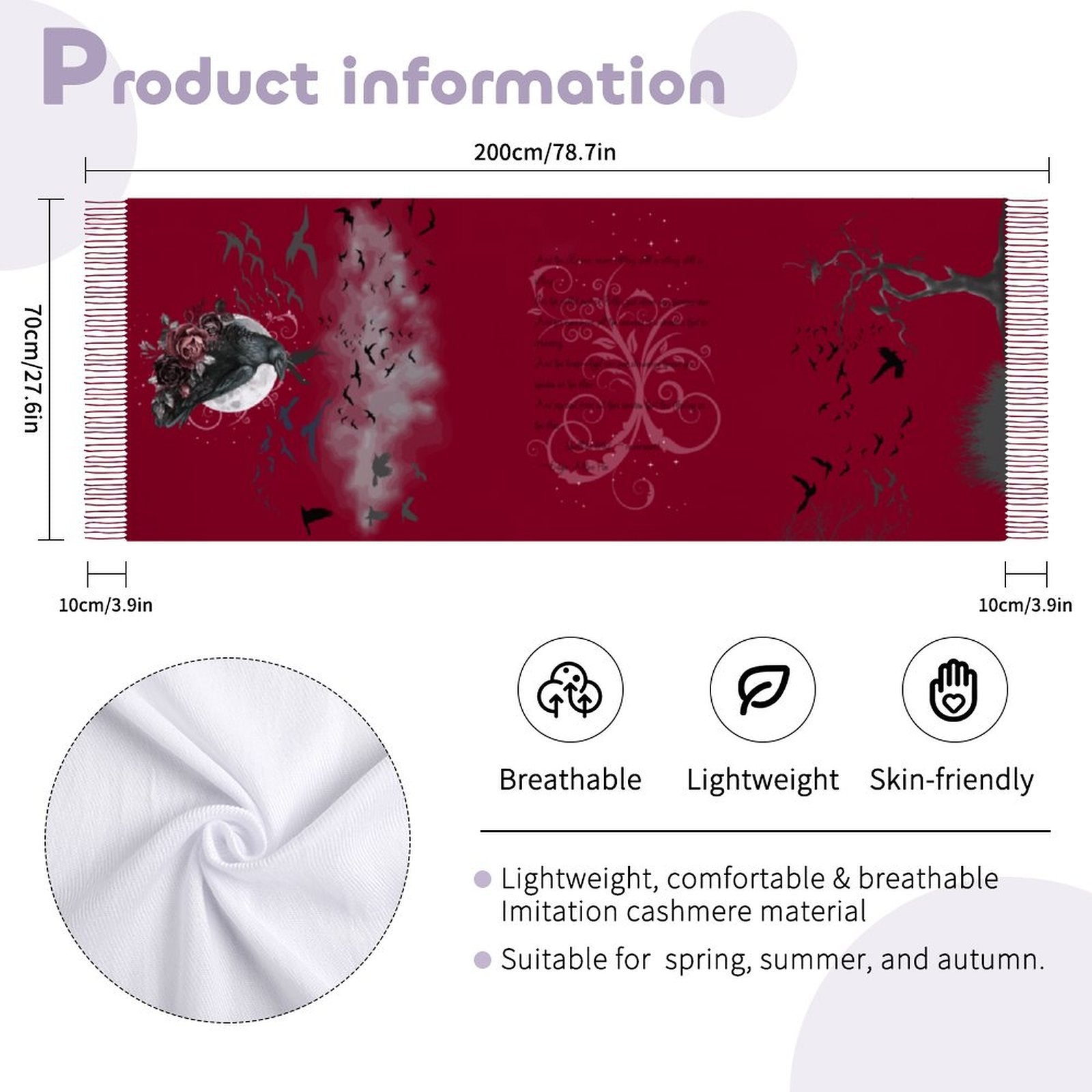 Product information for a red scarf with black designs, including size, material properties, and suitability for seasons.