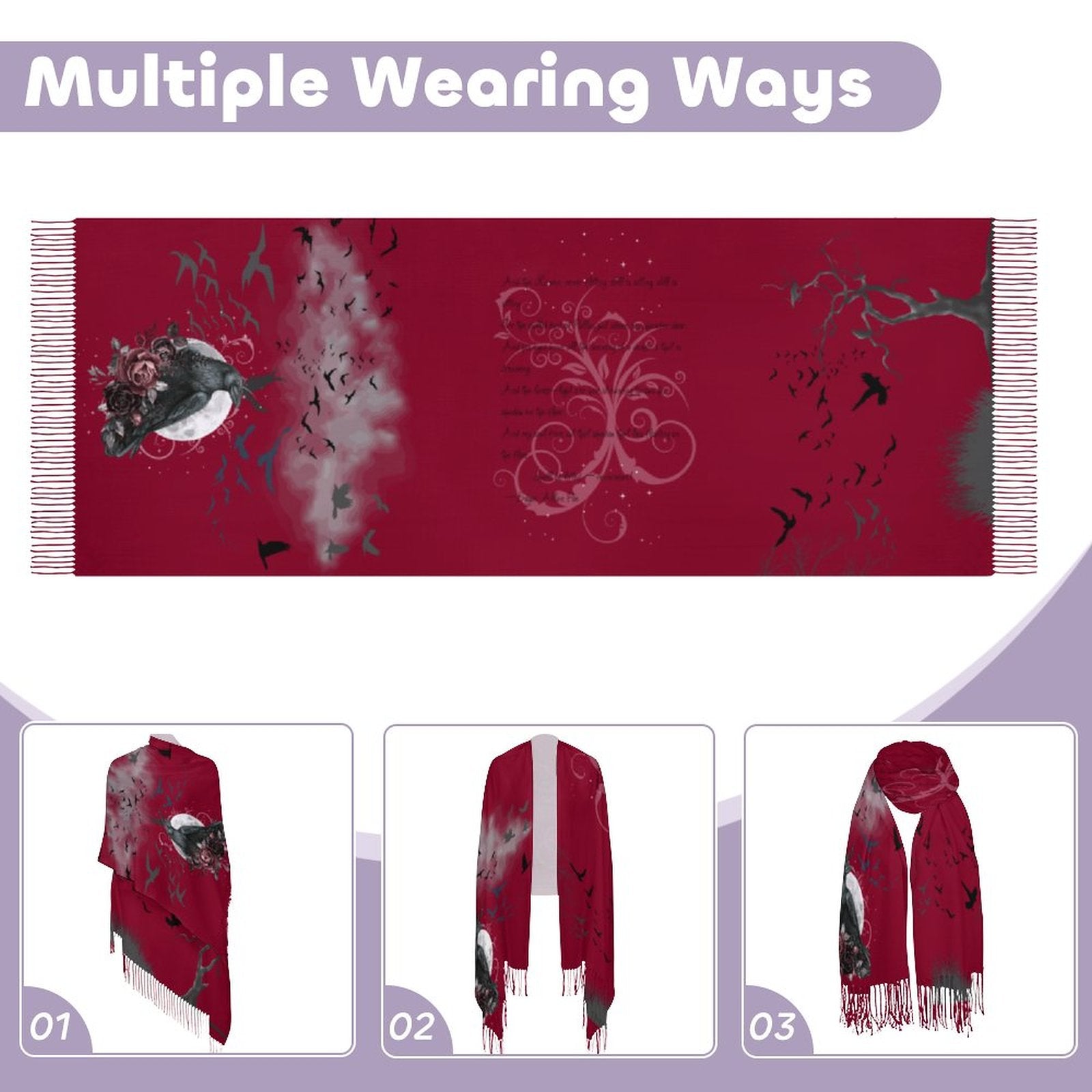 Red scarf with black and white designs displayed with multiple wearing options on a light purple background.