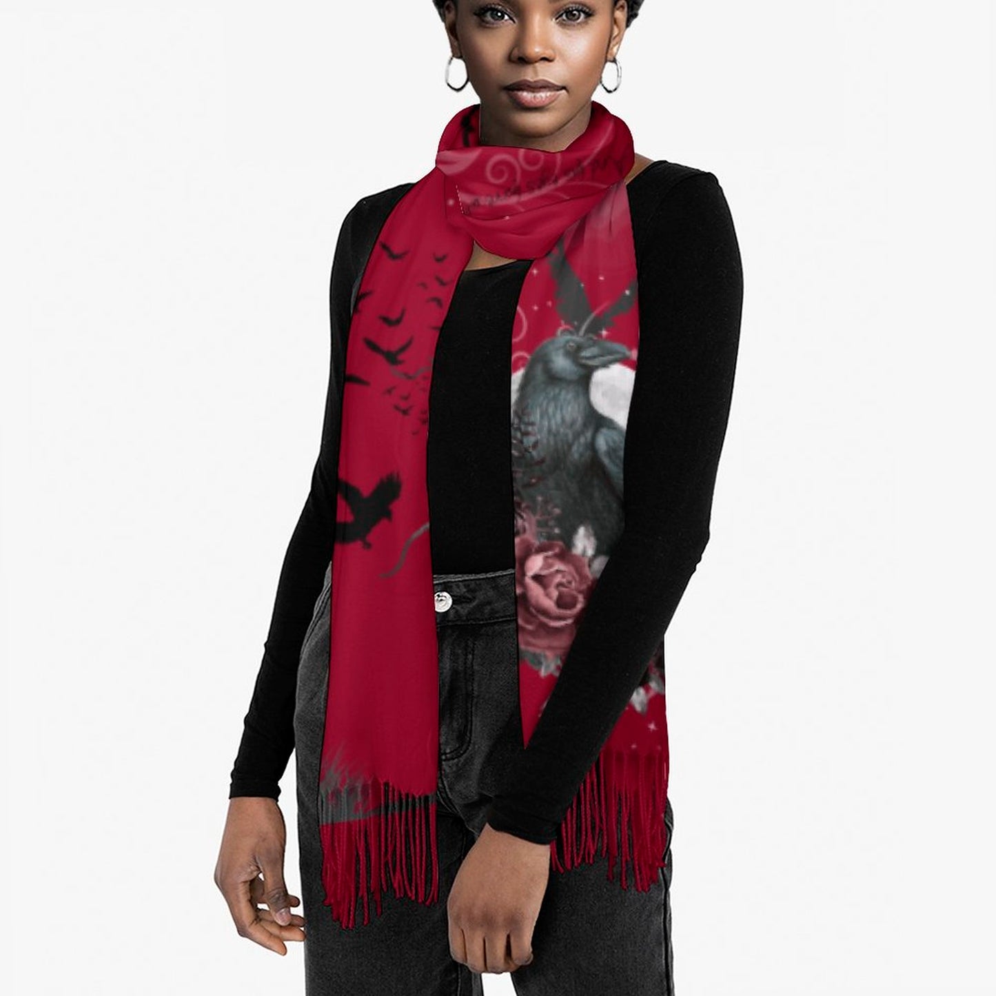 Woman wearing a red scarf with black and white designs on a white background