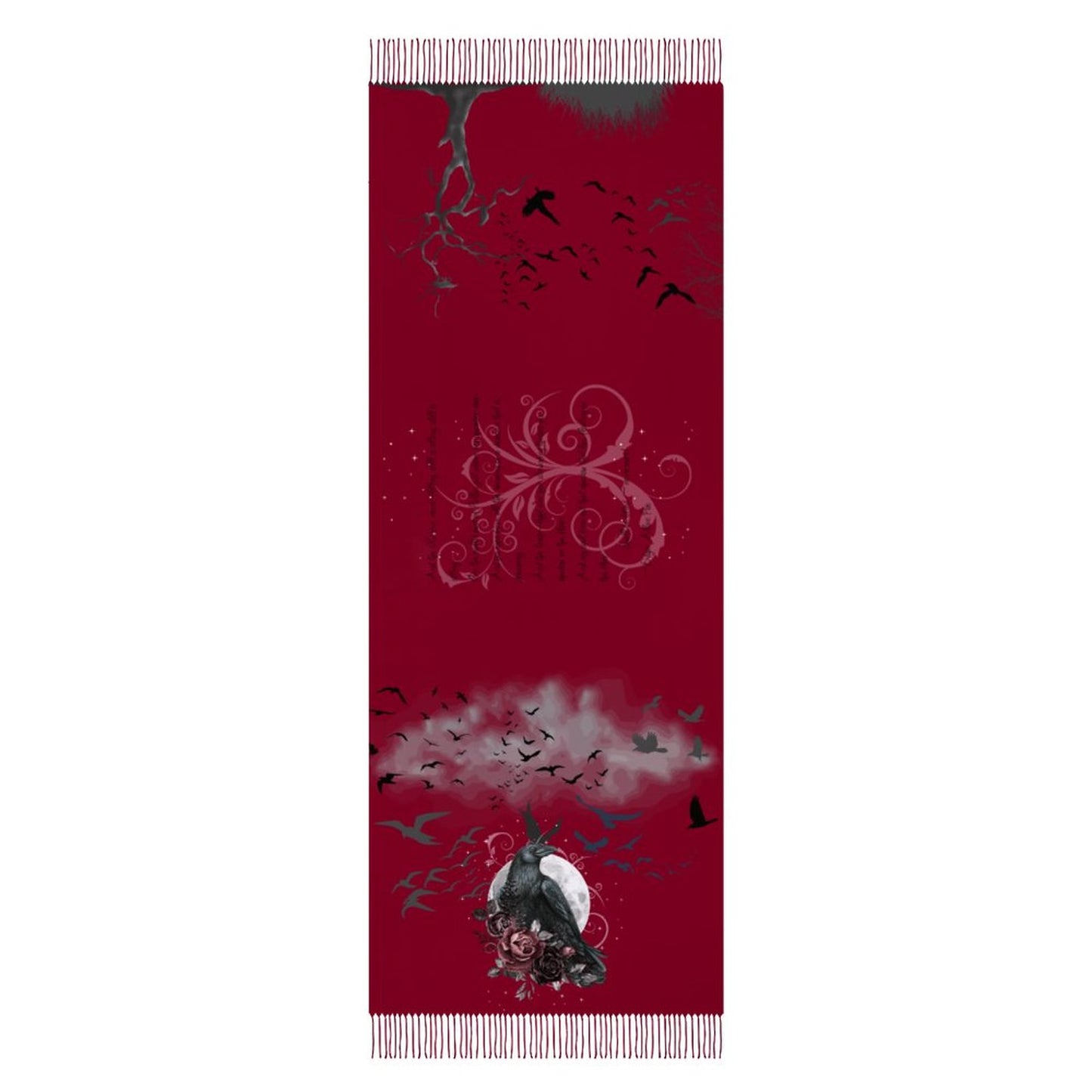 Red scarf with black and white designs on a white background