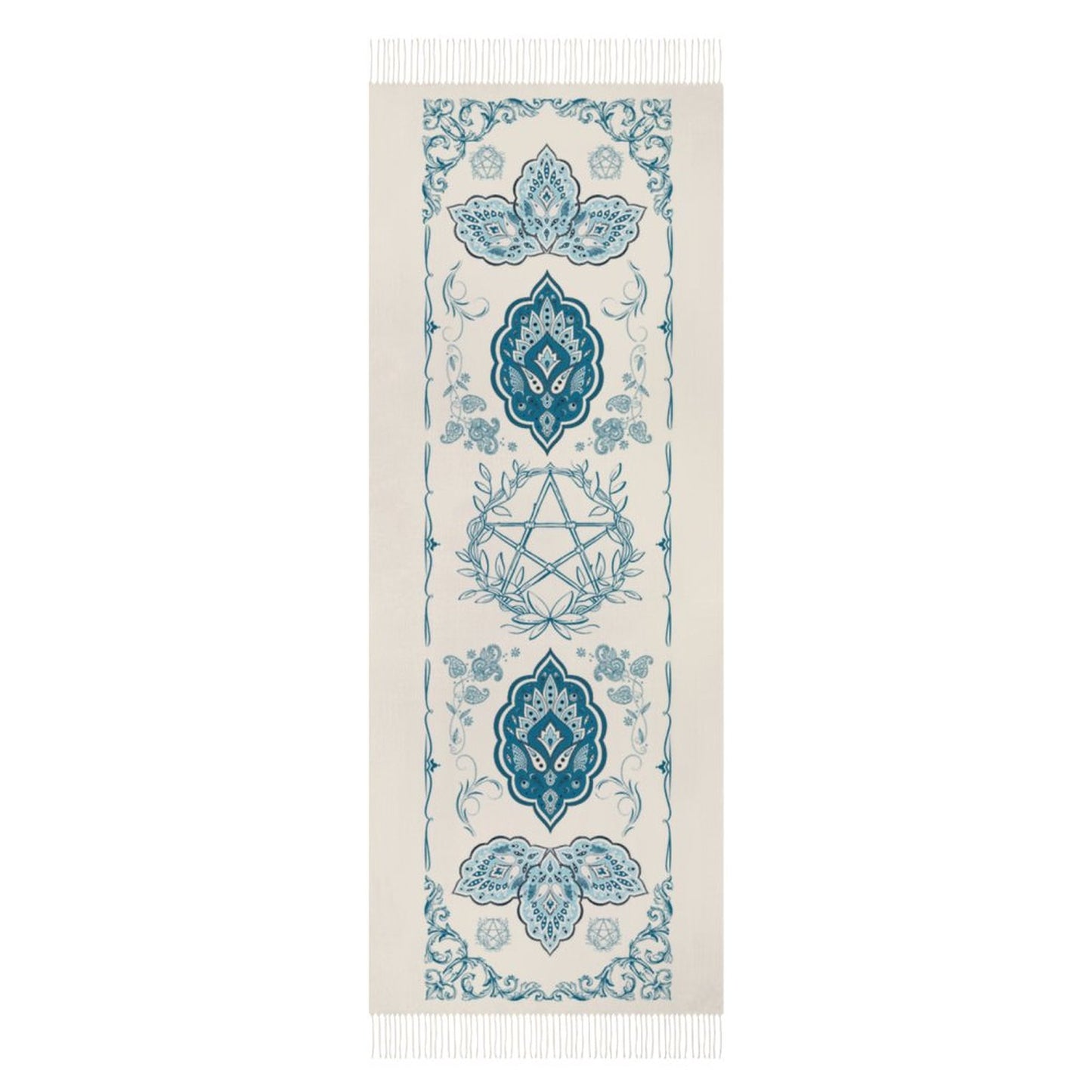Paisley Pentagram Tassel Scarf, a teal accessory blending pagan paisley patterns with Wiccan elegance and gothic charm, Ideal Occult gift