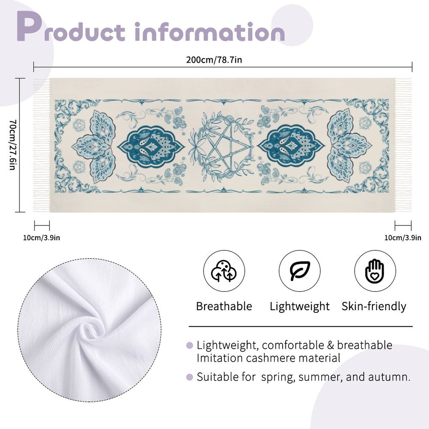 Paisley Pentagram Tassel Scarf, a teal accessory blending pagan paisley patterns with Wiccan elegance and gothic charm, Ideal Occult gift