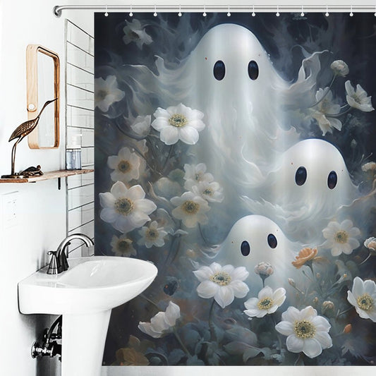 Peek-a-Boo Ghosts Shower Curtain, Gothic Whimsigoth Botanical Bathroom Decor