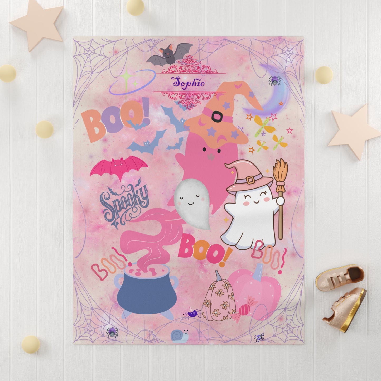 Halloween-themed children's poster with cartoon ghosts, pumpkins, and text on a pink background.