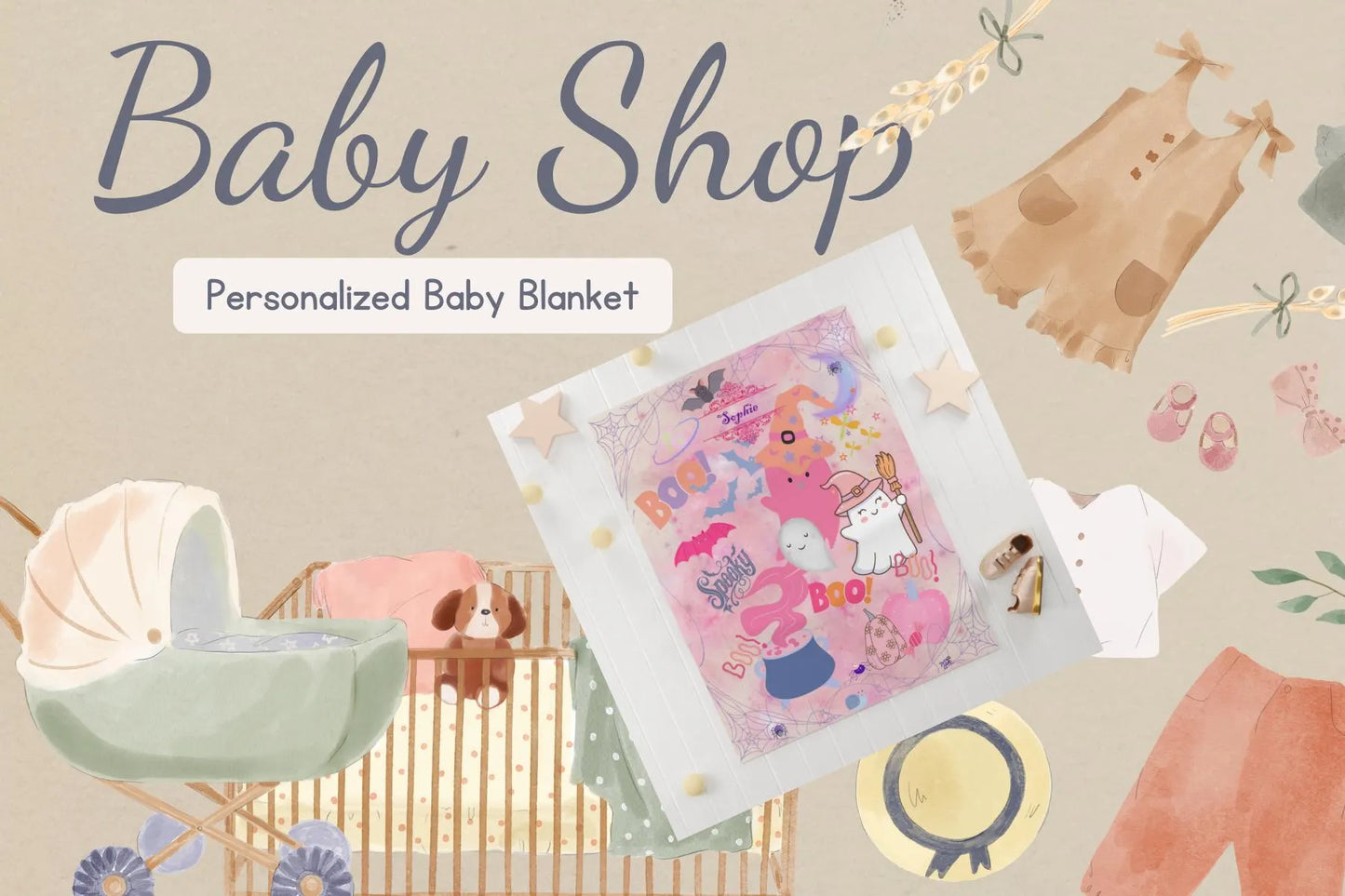 Personalized baby blanket with cartoon design on a beige background with baby-related illustrations.