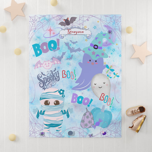 Children's Halloween-themed poster with cartoon characters on a light blue background.