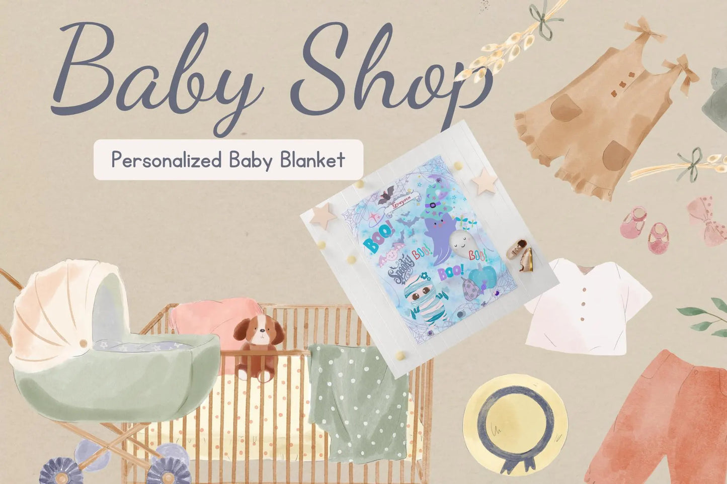 Baby shop with personalized baby blanket, crib, and clothing on a beige background
