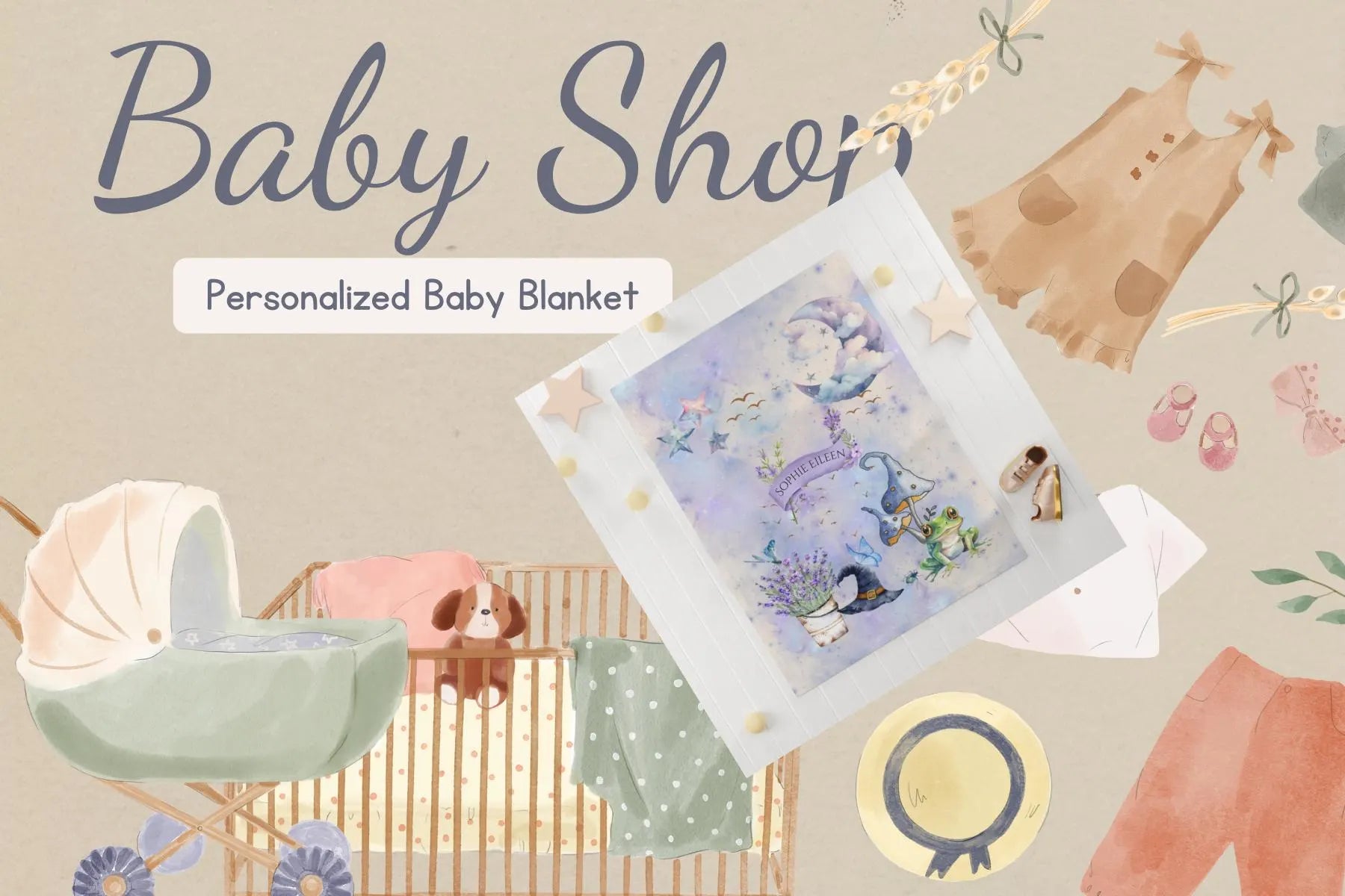 Personalized baby blanket with illustrations of a baby and a sea theme, surrounded by baby-related items on a beige background.