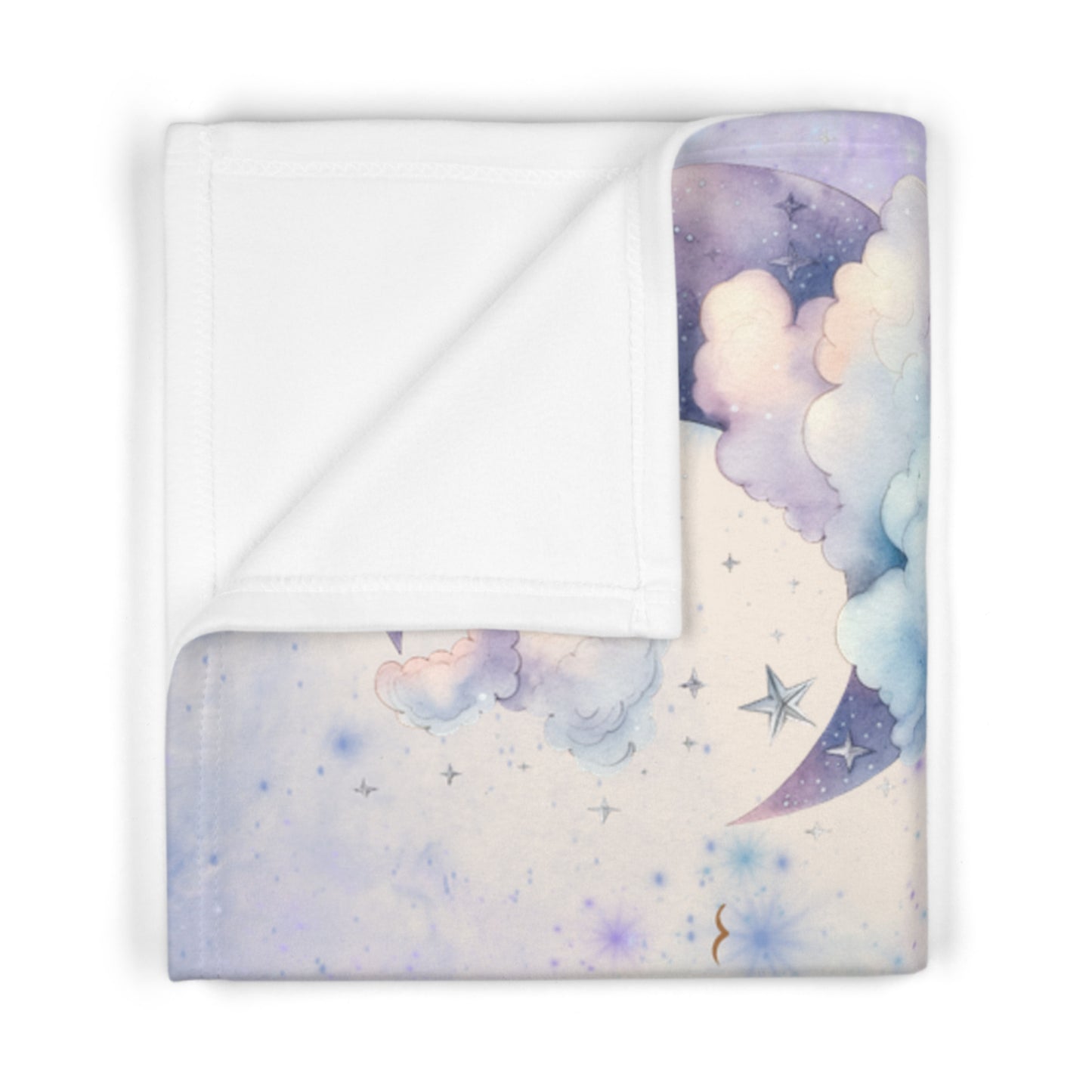 Baby blanket with cloud and moon pattern on a white background