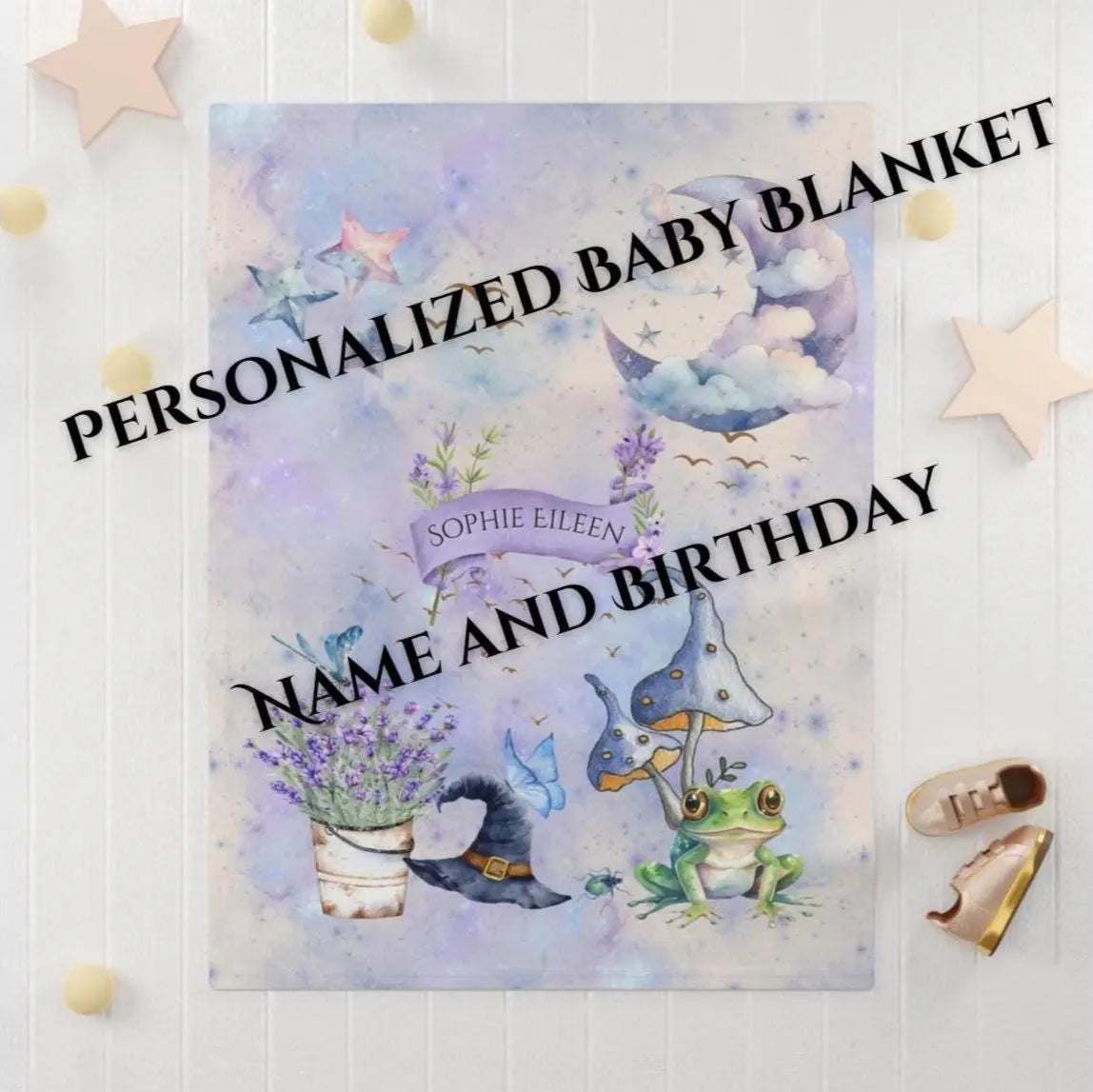 Personalized baby blanket with frog, witch hat, and lavender design on a white background.