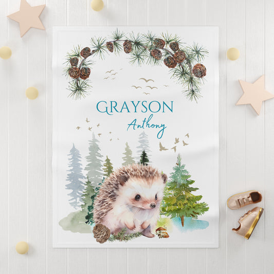 Poster with a hedgehog illustration and decorative elements on a white background