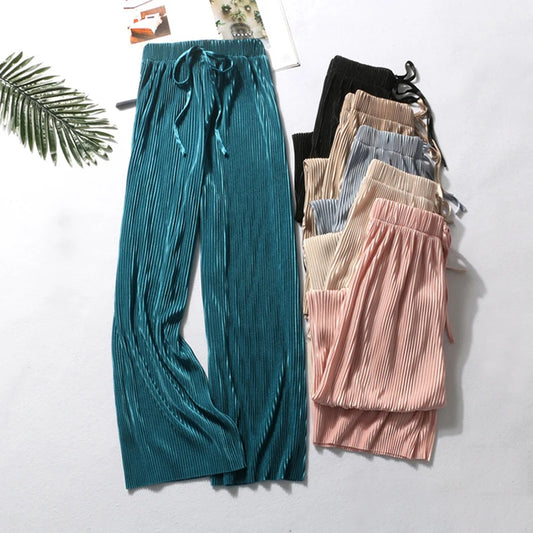 Pleated Loose Ice Silk Casual Wide Leg Pants, Classic Sportswear Clothing