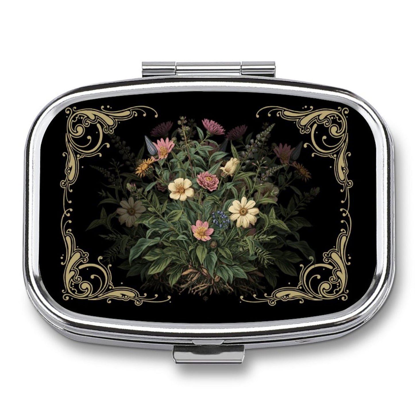 Compact mirror with floral design and decorative border on a black background