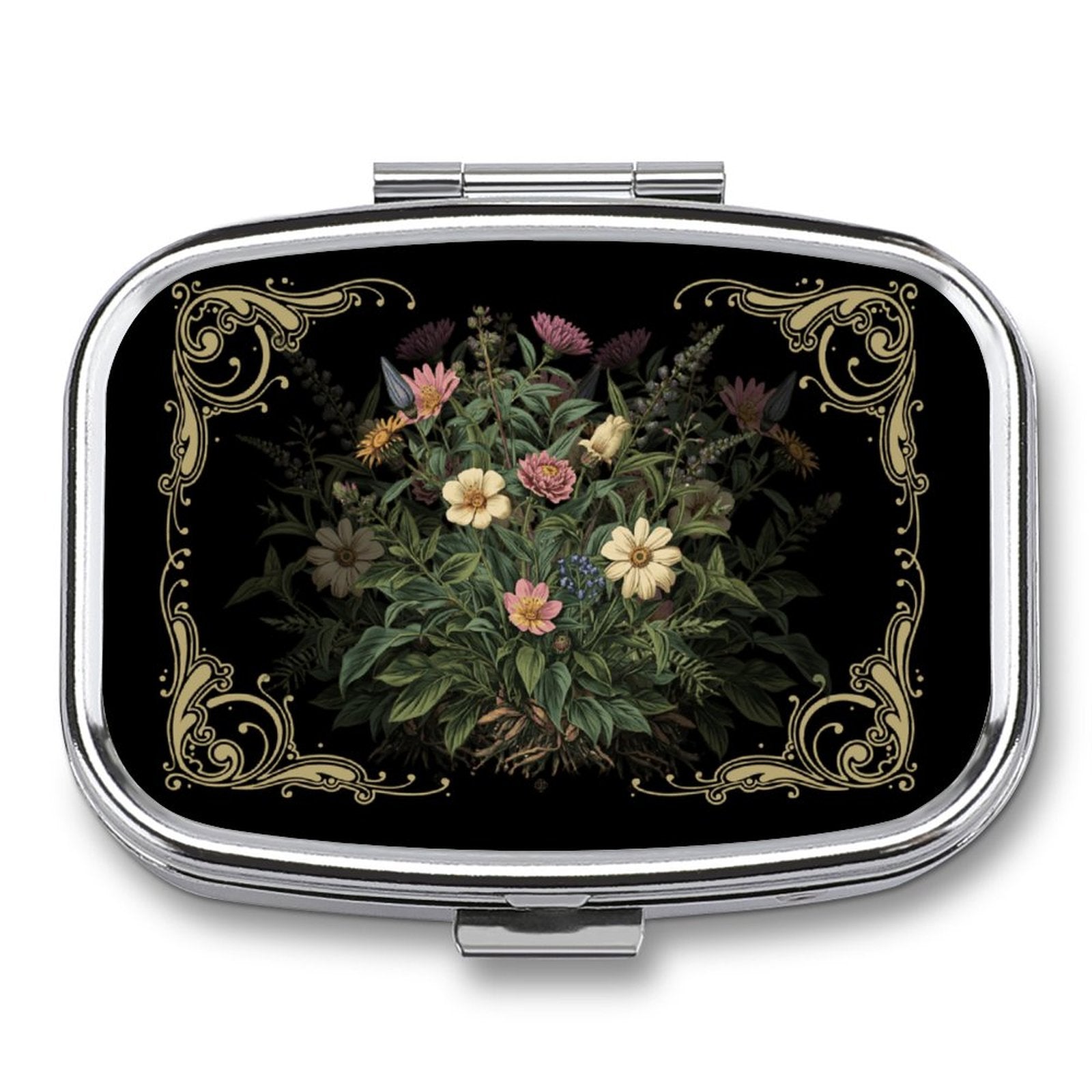 Compact mirror with floral design and decorative border on a black background