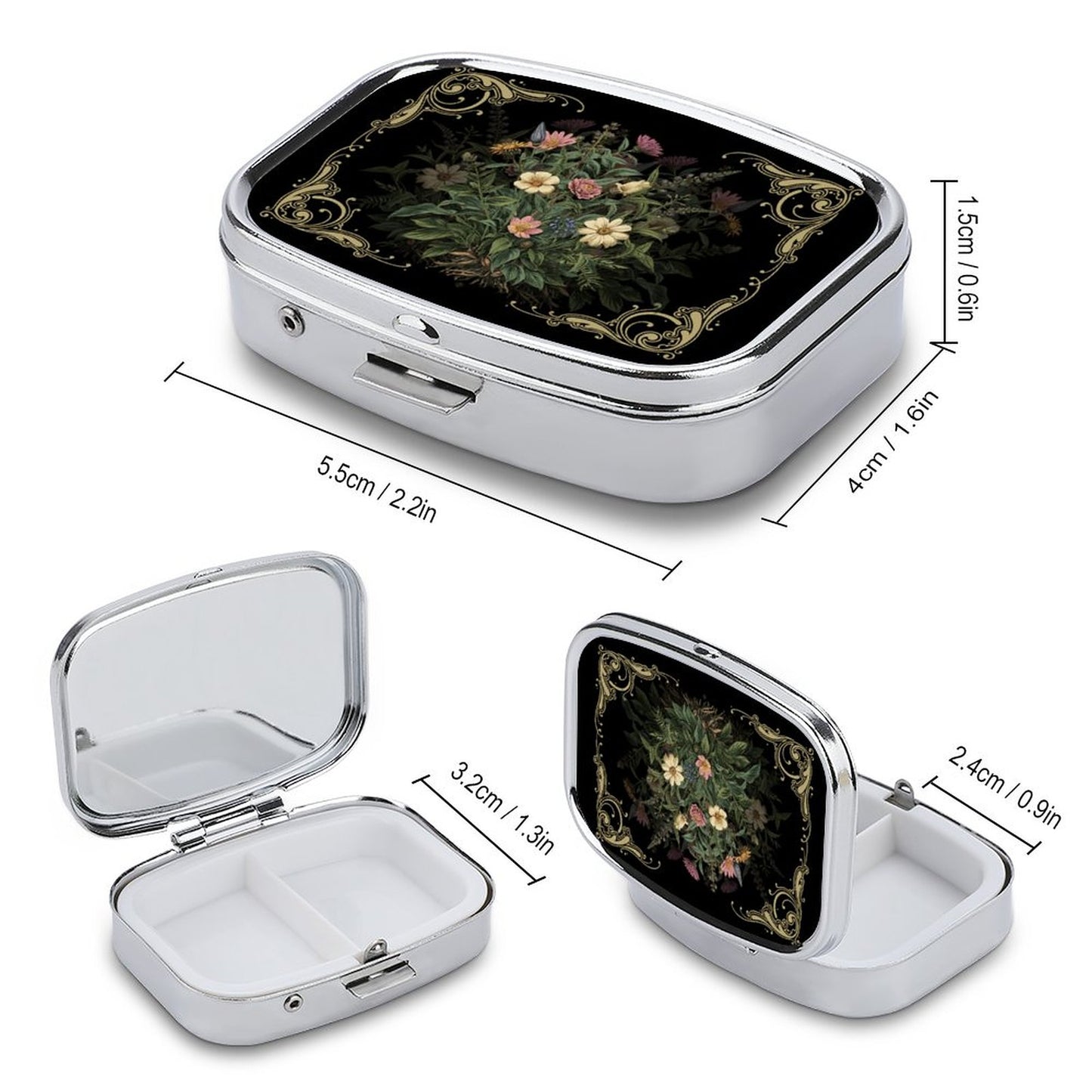 Silver jewelry box with floral design on lid, open to show interior, with dimensions indicated.