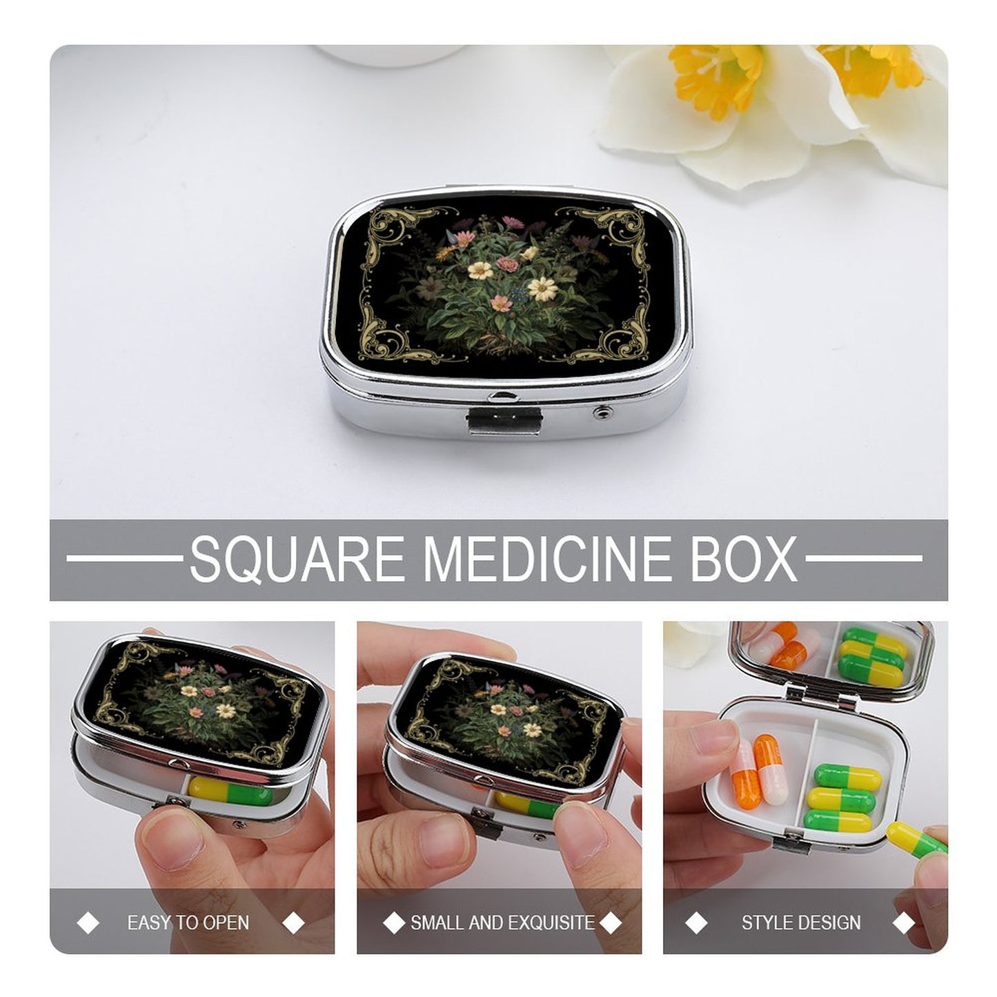 Square medicine box with floral design on a white background