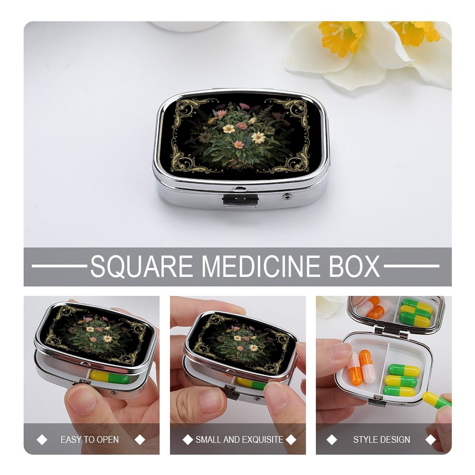 Square medicine box with floral design on a white background