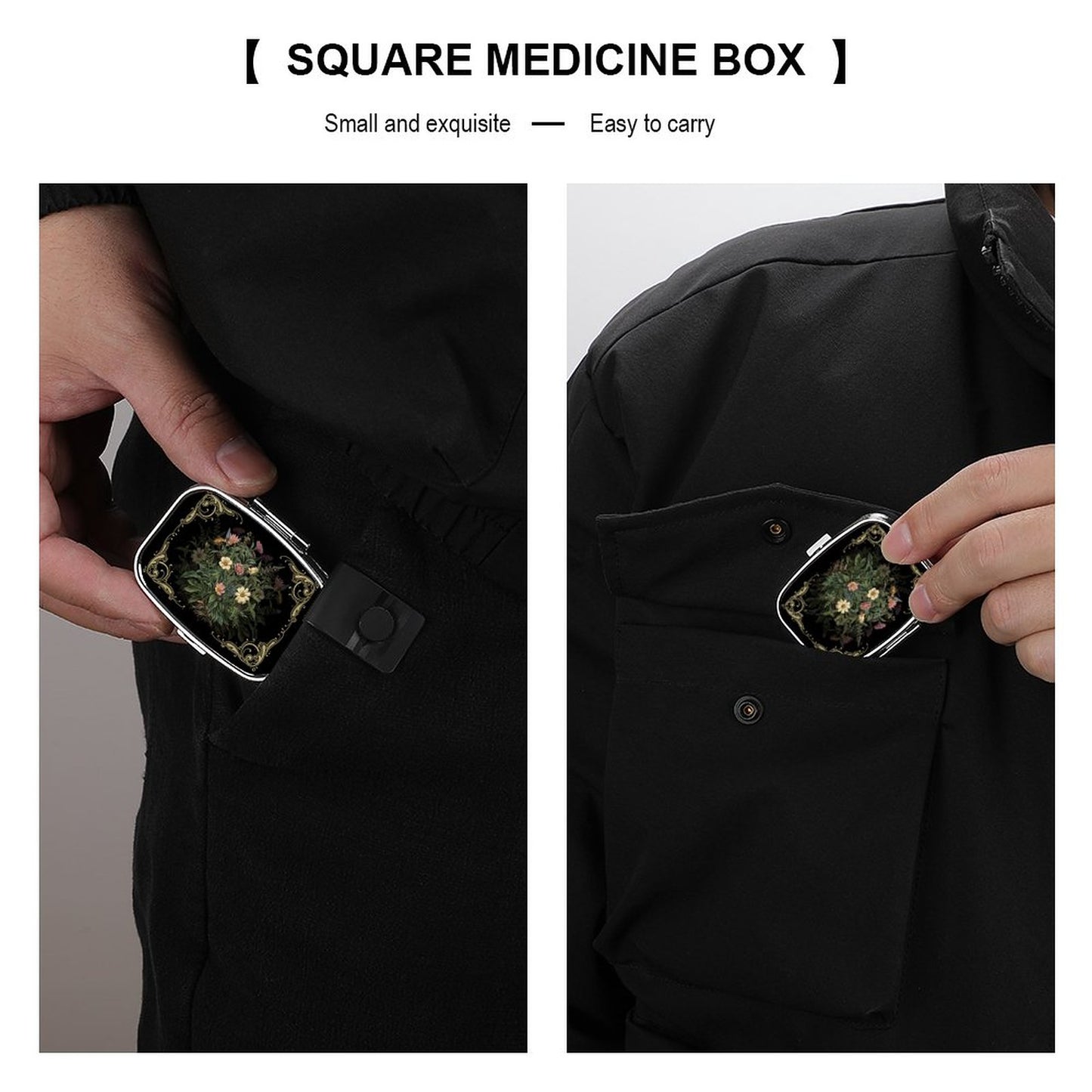 Small square medicine box being placed into a black jacket pocket.