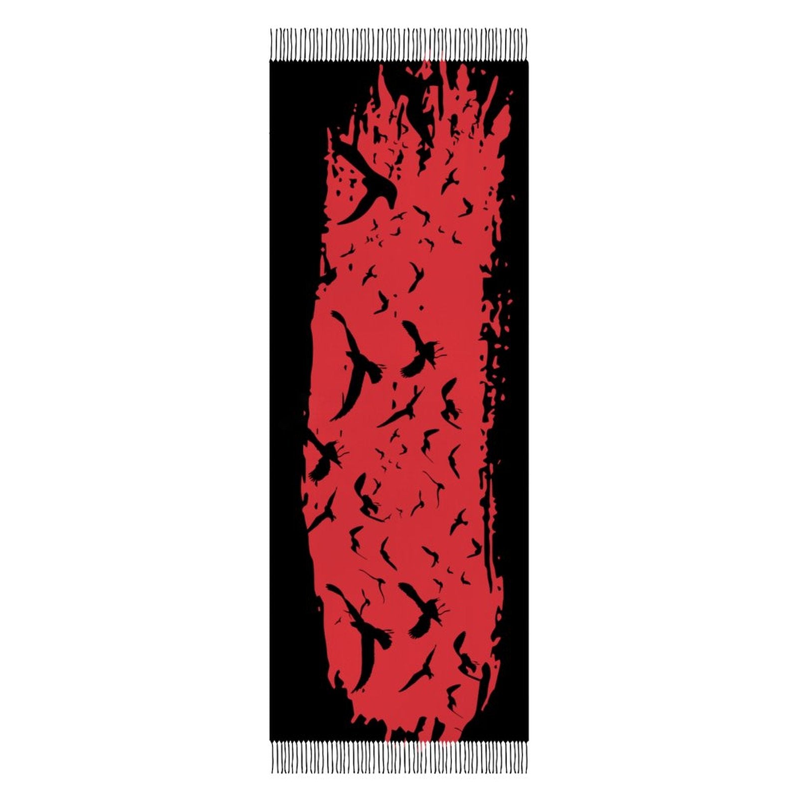 Black and red patterned rug with fringe on a white background
