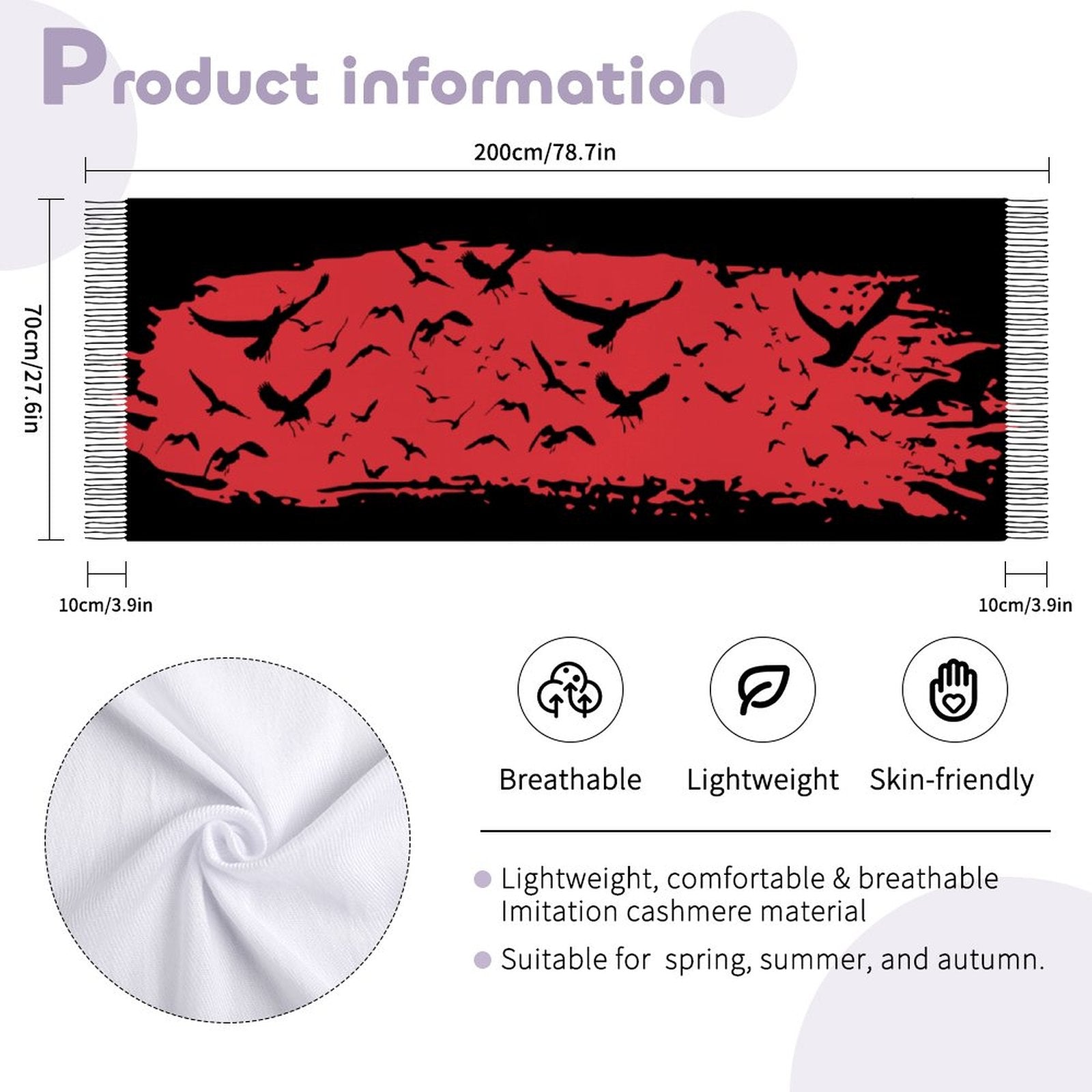 Product information for a scarf with red design and black border, including size, material properties, and suitability for seasons.