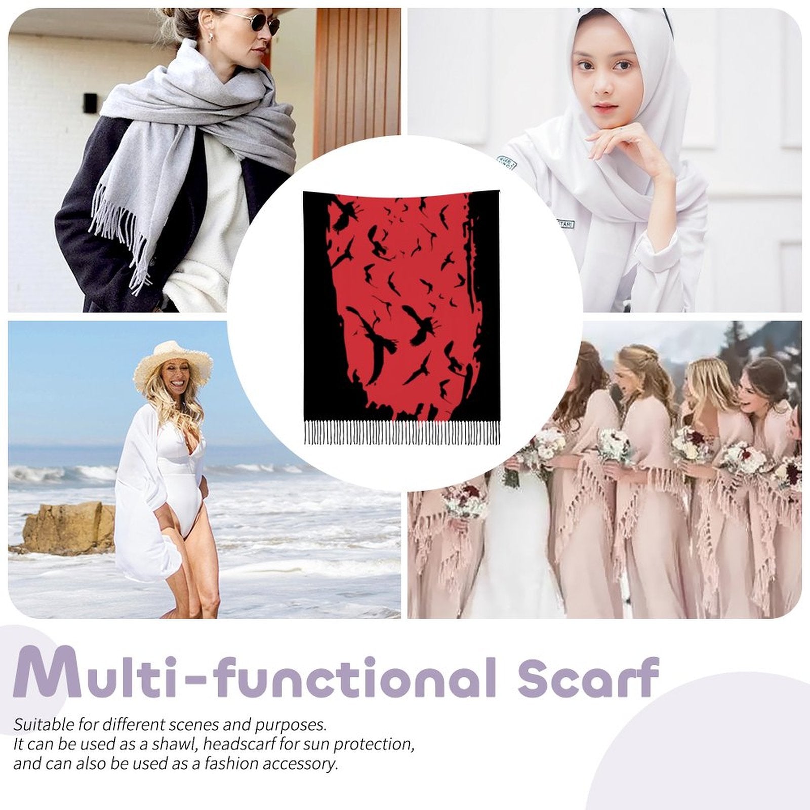 Collage of people wearing scarves with a focus on a red and black scarf.