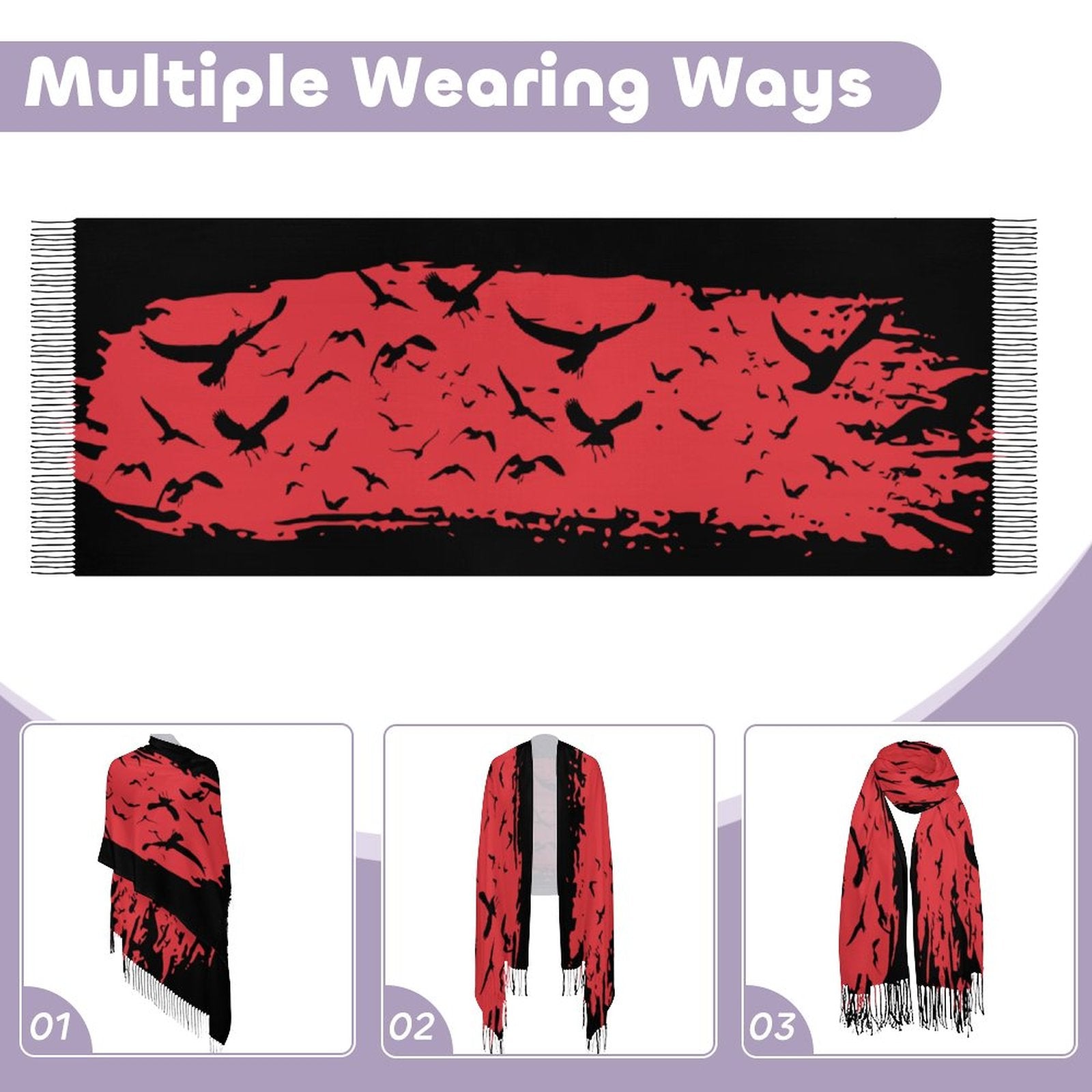 Red and black scarf with bird pattern displayed with multiple wearing options on a white background.