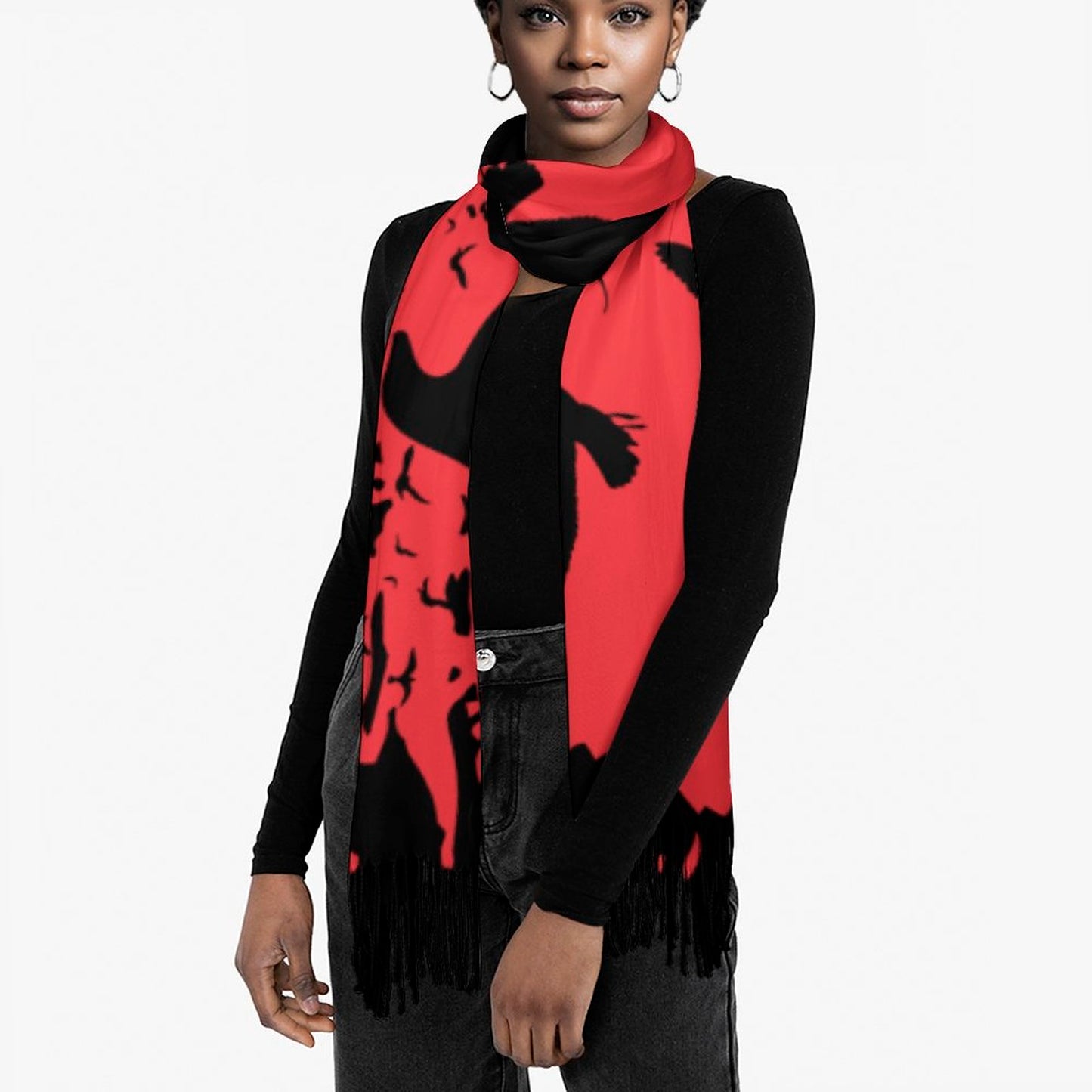 Person wearing a red and black scarf with a white background