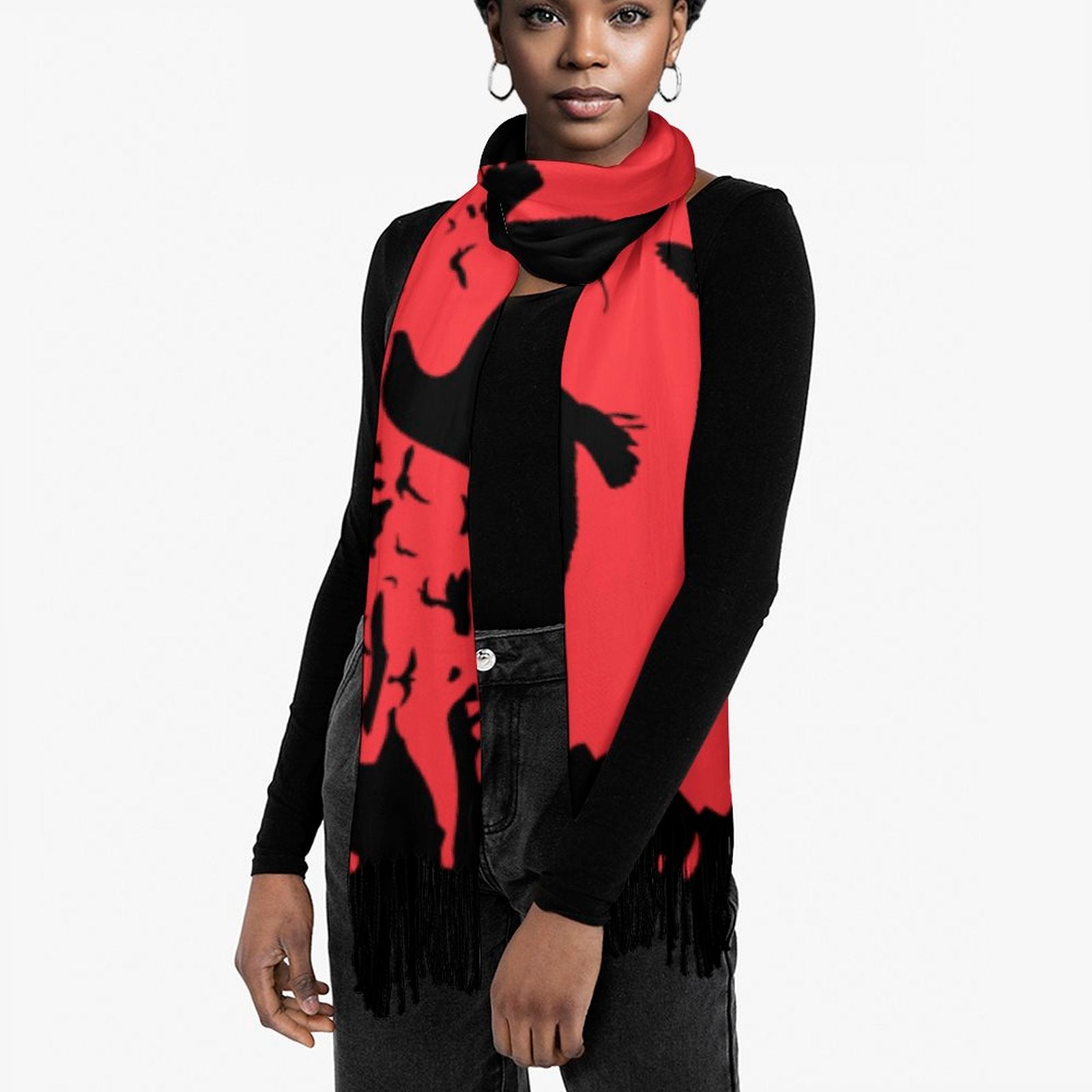 Person wearing a red and black scarf with a white background