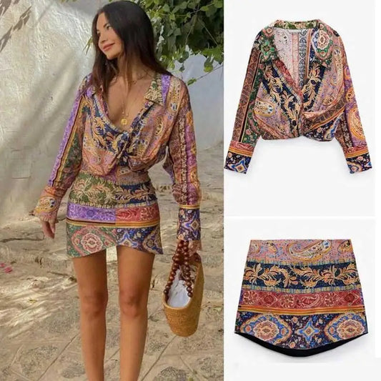 Purple Paisley Knots Boho Satin Blouse, Turn Down Collar Long Sleeve