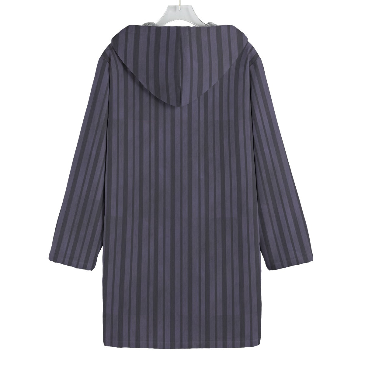 Back view of a striped raincoat on a white background
