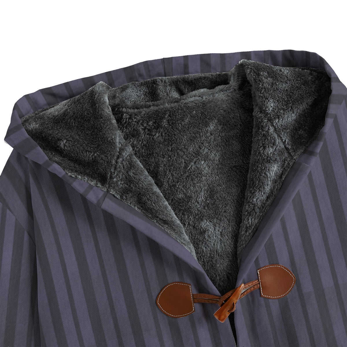 Close-up of a coat with fur lining and brown buttons on a white background