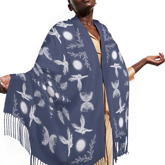 Woman wearing a dark blue scarf with white patterns on a white background