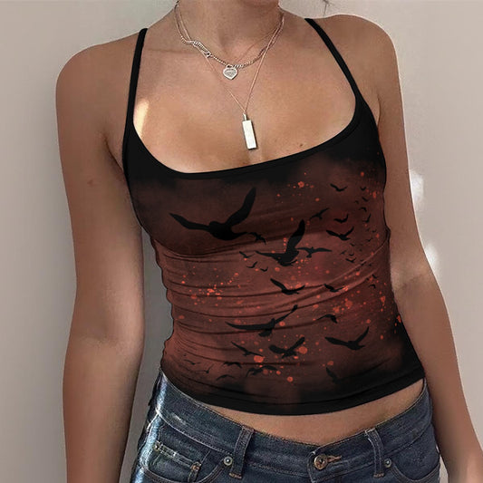 Black tank top with bird silhouette design worn by a person against a neutral background
